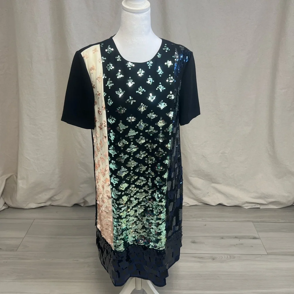 Tory Burch Retro Sequin Colorblock Shift Dress‎ Black Cream Sz 6 Mob Wife Luxury